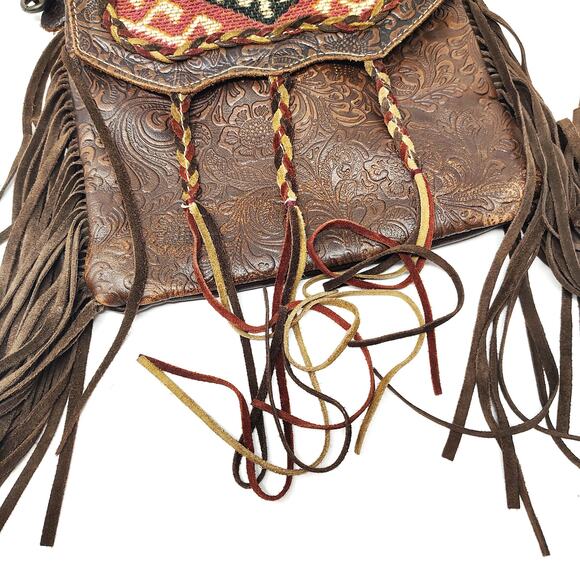 Myra Bag Aztec Motif Leather Fringe Purse Boho Western Brown Red Crossbody Bag - Picture 4 of 9